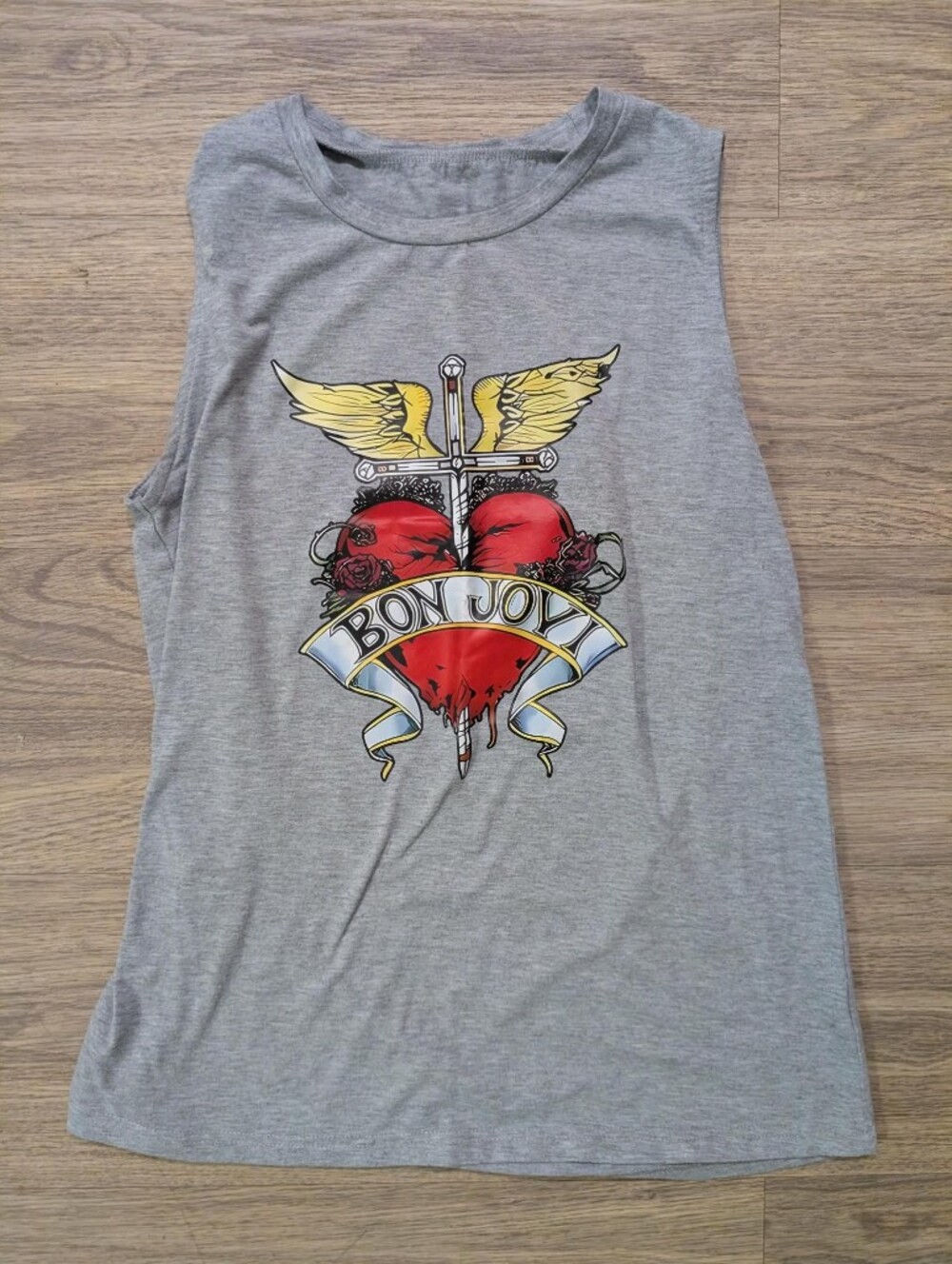 Bon Jovi Grey Graphic Tee with Red Heart and Banner